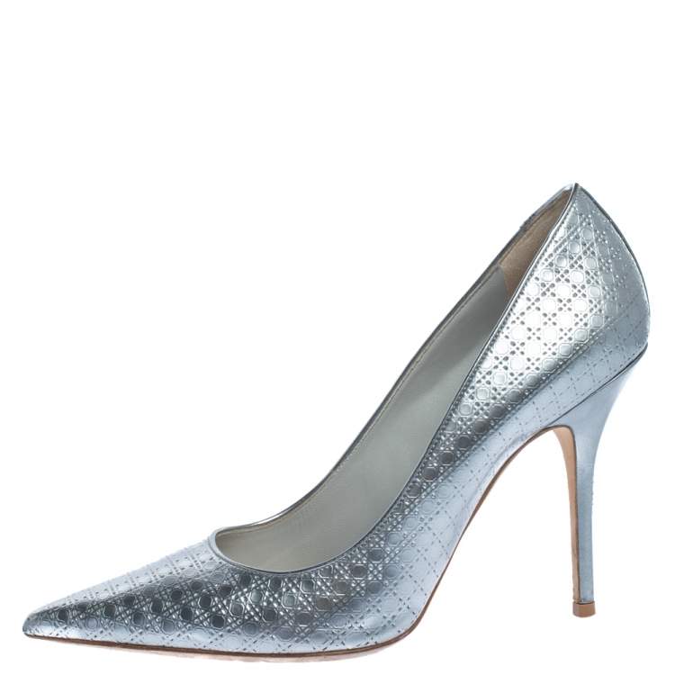 Pre Owned  Dior Metallic Silver Cannage Leather Cherie Pointed Toe Pumps Size 40