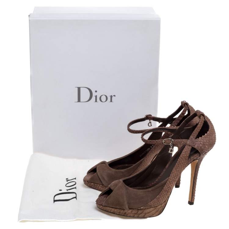 مملوكة مسبقًا Dior Brown Python Embossed Leather and Suede Ankle Strap Peep Toe Pumps Size 37