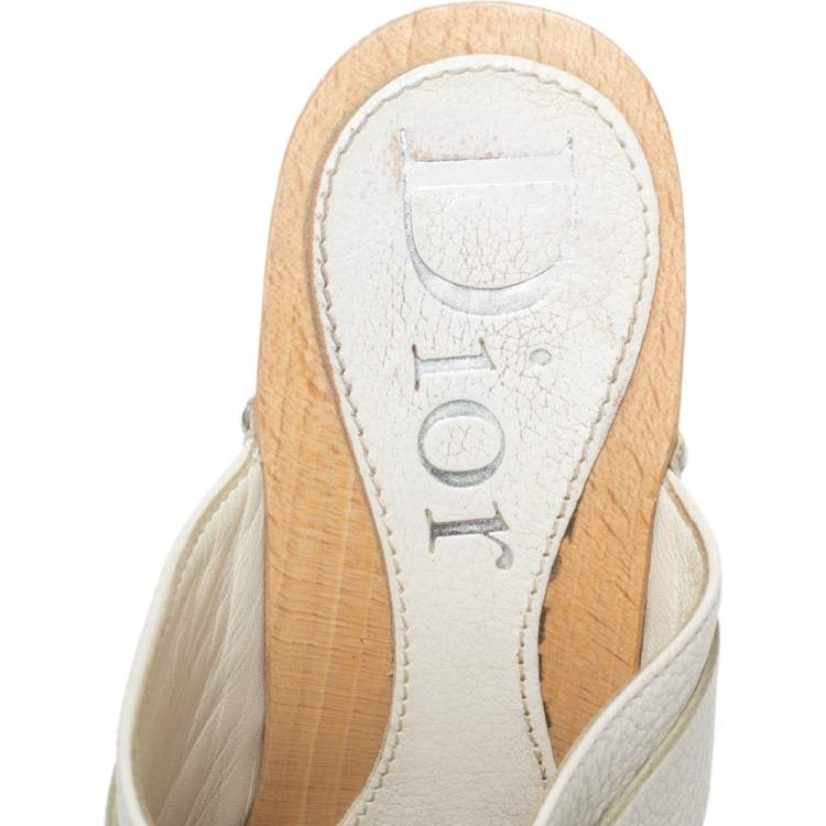 Pre Owned Dior White Floral Embroidered Leather Platform Clogs Size 37