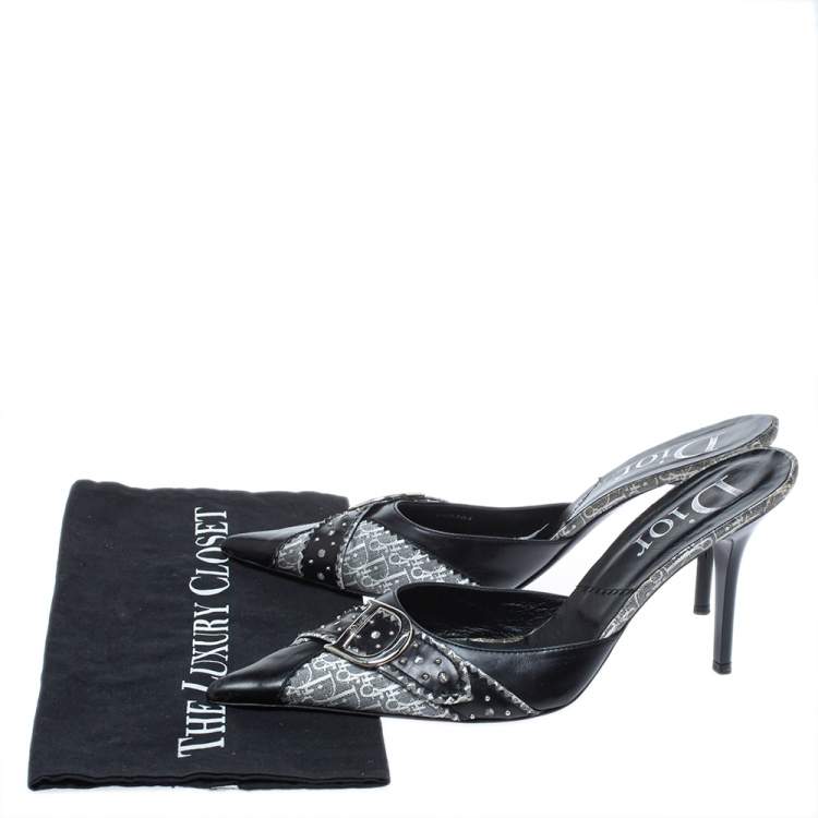 Pre Owned Dior Black Leather and Oblique Canvas Mule Sandals Size 40