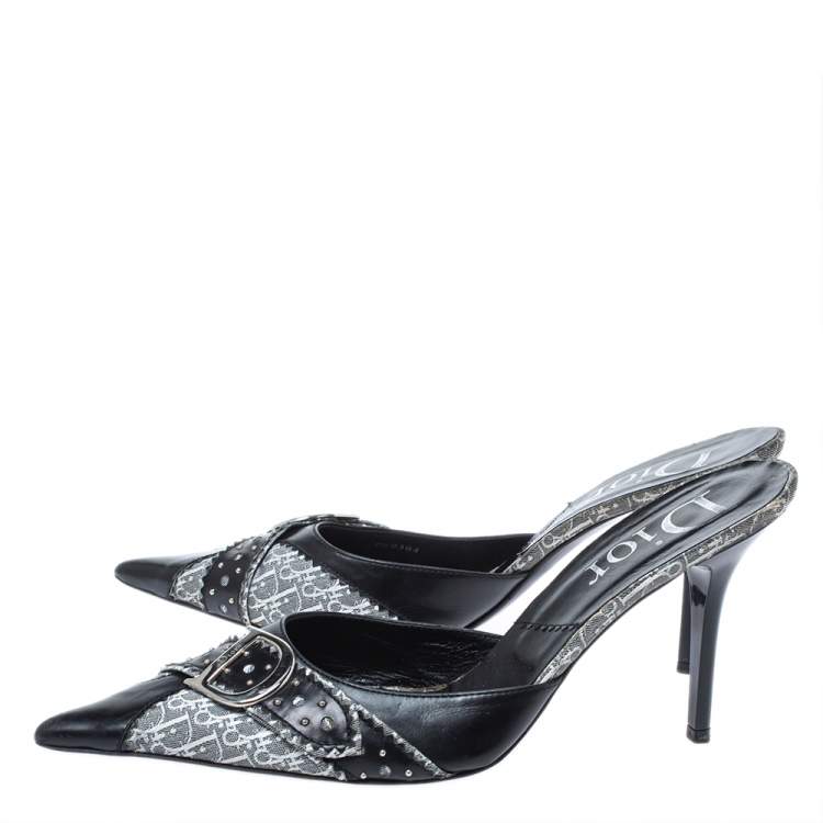 Pre Owned Dior Black Leather and Oblique Canvas Mule Sandals Size 40