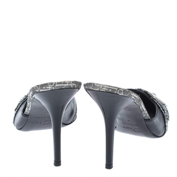 Pre Owned Dior Black Leather and Oblique Canvas Mule Sandals Size 40