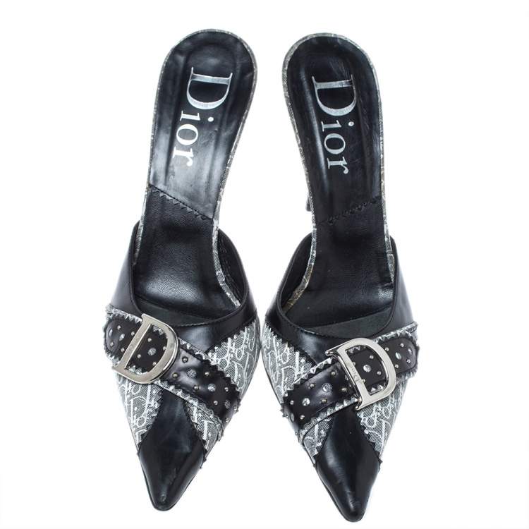 Pre Owned Dior Black Leather and Oblique Canvas Mule Sandals Size 40