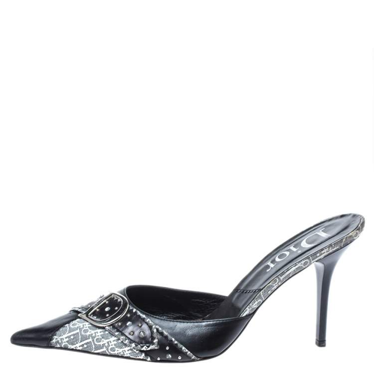 Pre Owned Dior Black Leather and Oblique Canvas Mule Sandals Size 40