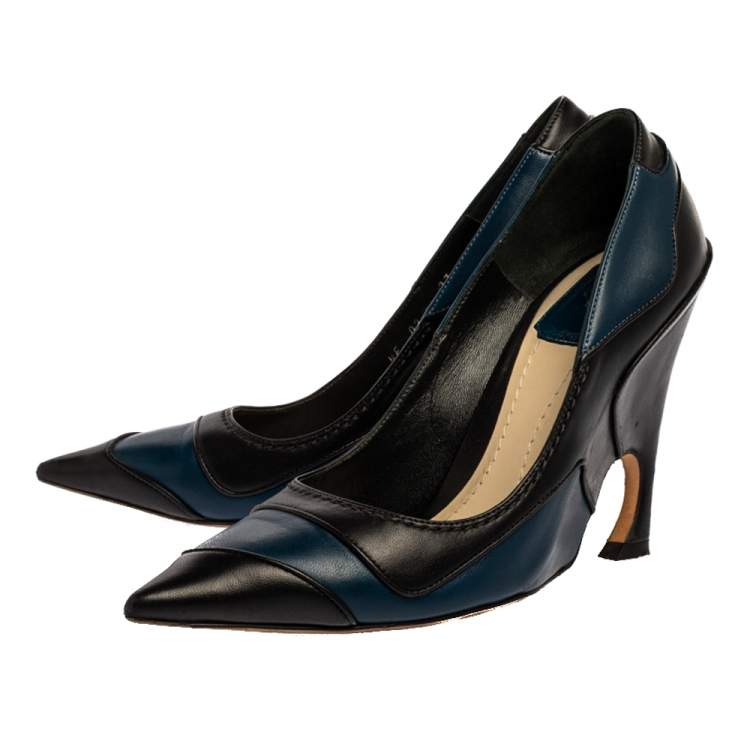 Pre Owned Dior Black/Blue Leather Wedge Pointed Toe Pumps Size 37