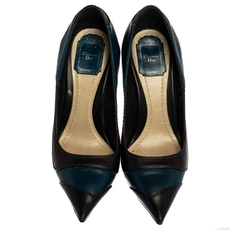 Pre Owned Dior Black/Blue Leather Wedge Pointed Toe Pumps Size 37