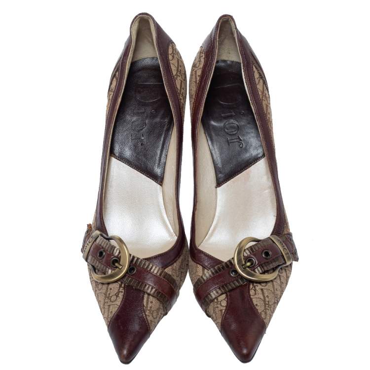 Pre Owned Dior Brown Canvas And Leather Buckle Pointed Toe Pumps Size 37.5