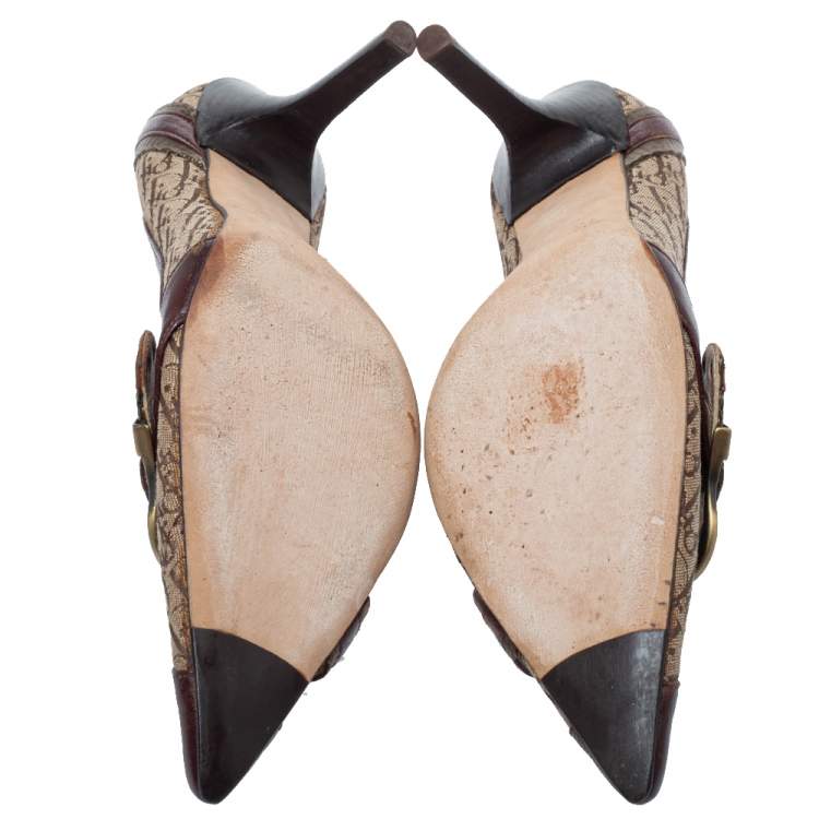 Pre Owned Dior Brown Canvas And Leather Buckle Pointed Toe Pumps Size 37.5