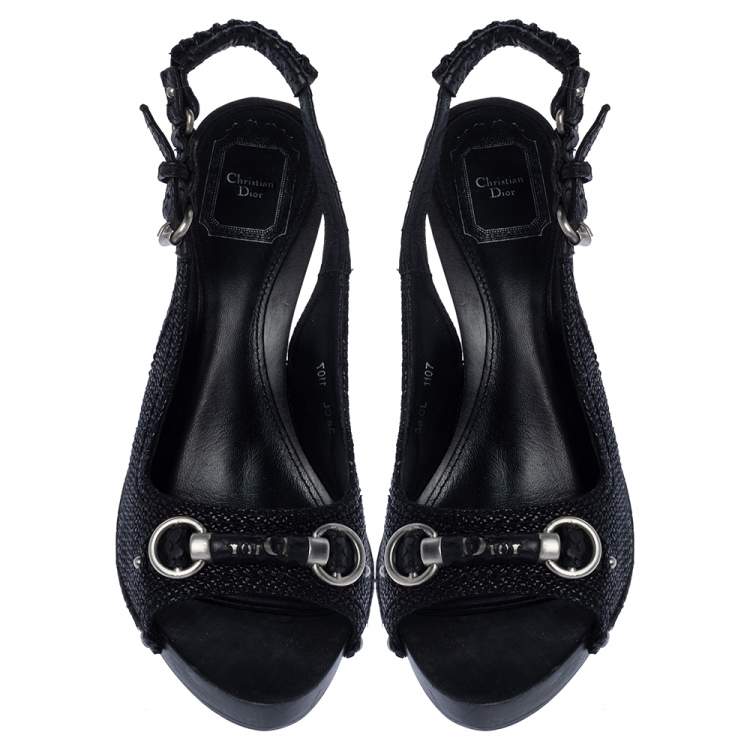 Pre Owned Dior Black Textured Canvas Bit Platform Open Toe Slingback Sandals Size 38