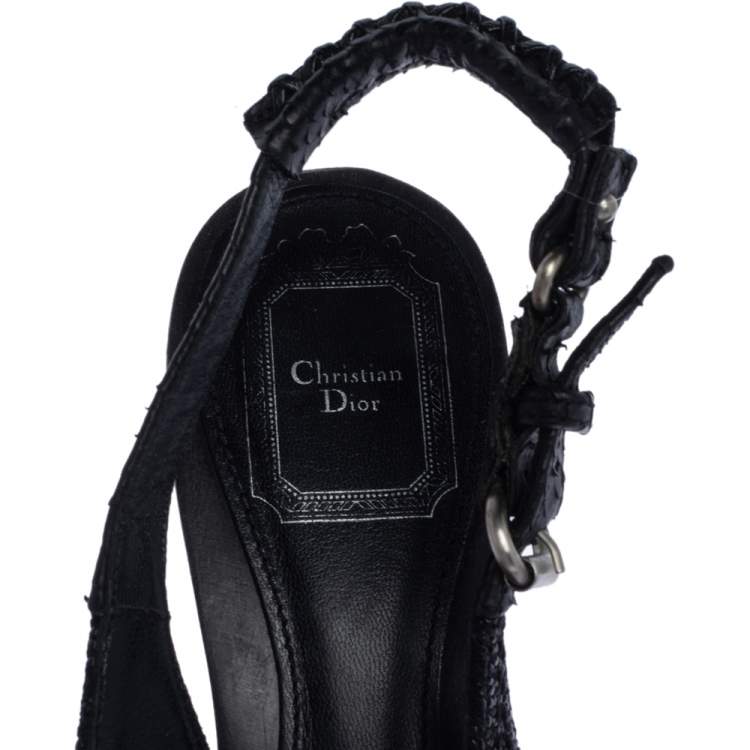 Pre Owned Dior Black Textured Canvas Bit Platform Open Toe Slingback Sandals Size 38