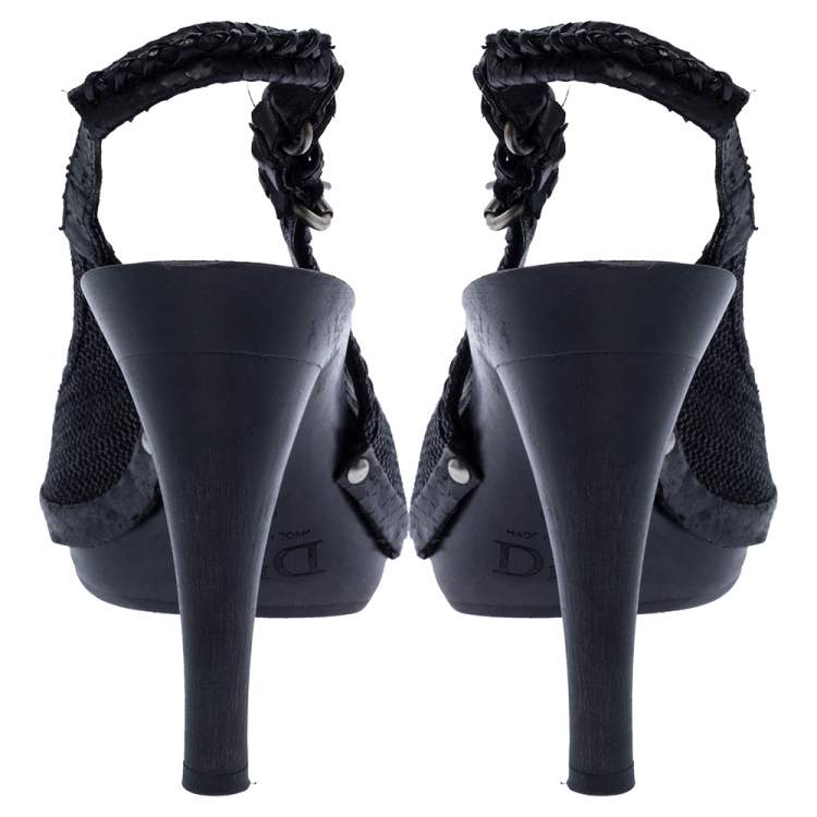Pre Owned Dior Black Textured Canvas Bit Platform Open Toe Slingback Sandals Size 38