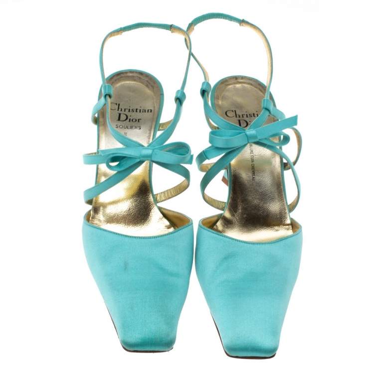 Pre Owned Dior Light Blue Satin Bow Ankle Strap Square Toe Sandals Size 38