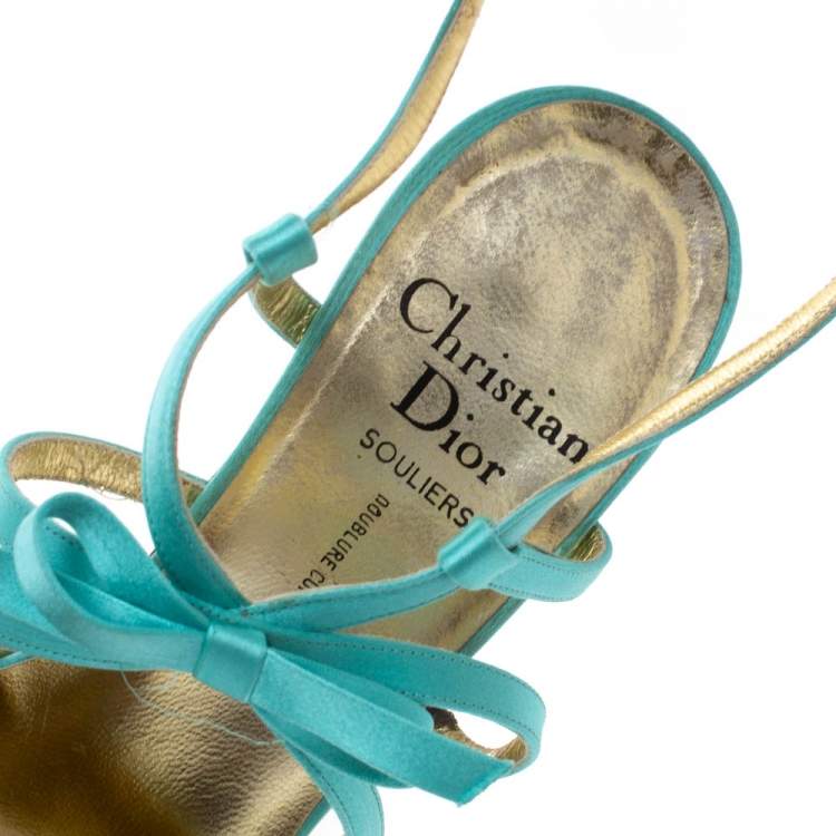 Pre Owned Dior Light Blue Satin Bow Ankle Strap Square Toe Sandals Size 38