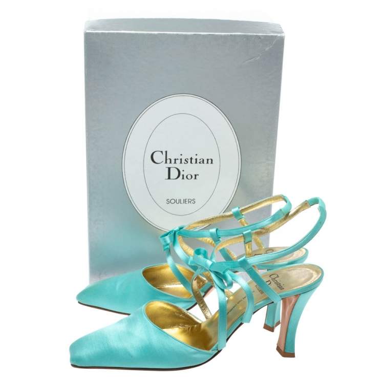 Pre Owned Dior Light Blue Satin Bow Ankle Strap Square Toe Sandals Size 38