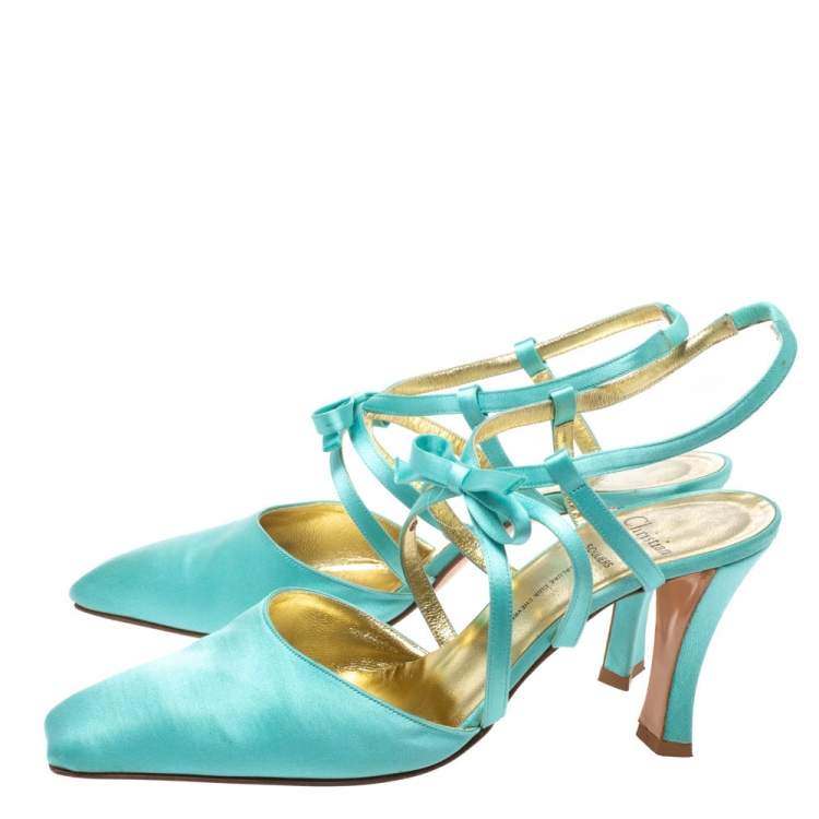 Pre Owned Dior Light Blue Satin Bow Ankle Strap Square Toe Sandals Size 38