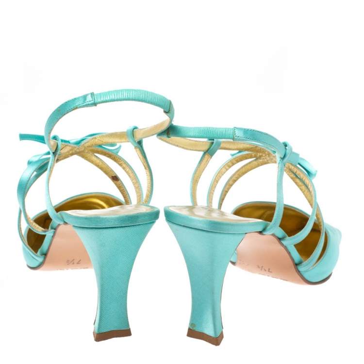 Pre Owned Dior Light Blue Satin Bow Ankle Strap Square Toe Sandals Size 38