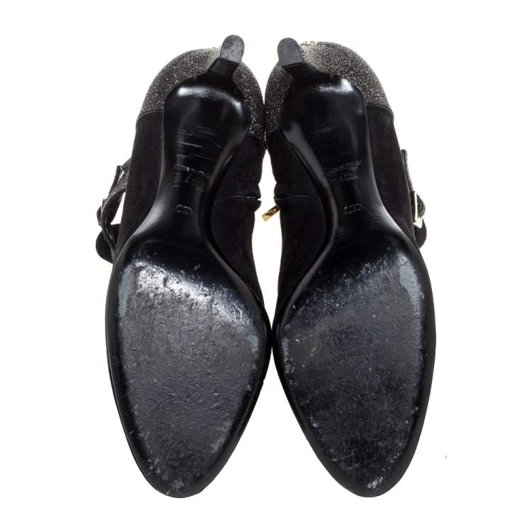 Pre Owned Dior Black Suede Leather And Glitter Buckle Details Ankle Booties Size 40
