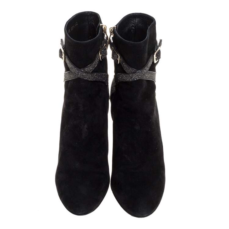 Pre Owned Dior Black Suede Leather And Glitter Buckle Details Ankle Booties Size 40