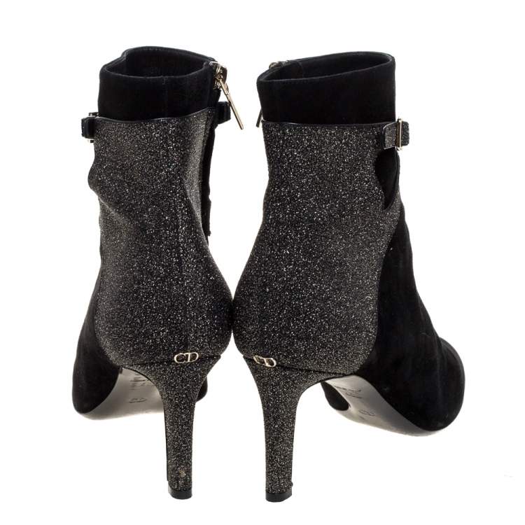 Pre Owned Dior Black Suede Leather And Glitter Buckle Details Ankle Booties Size 40