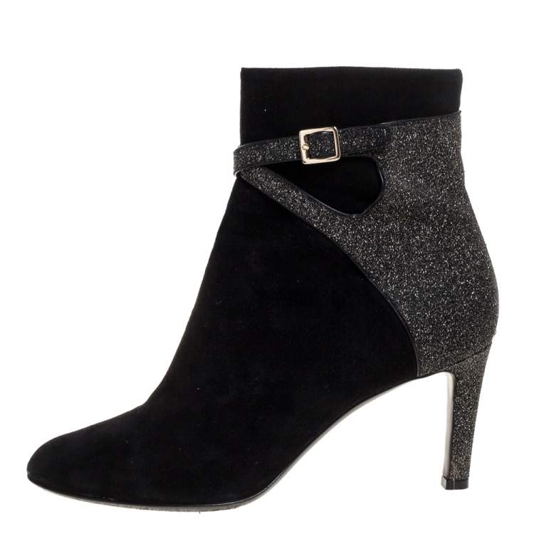 Pre Owned Dior Black Suede Leather And Glitter Buckle Details Ankle Booties Size 40