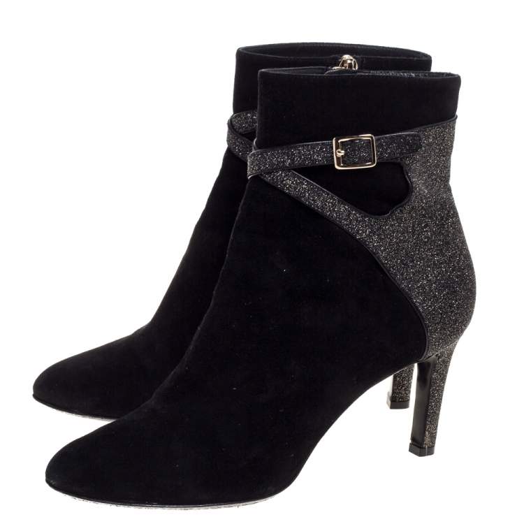 Pre Owned Dior Black Suede Leather And Glitter Buckle Details Ankle Booties Size 40