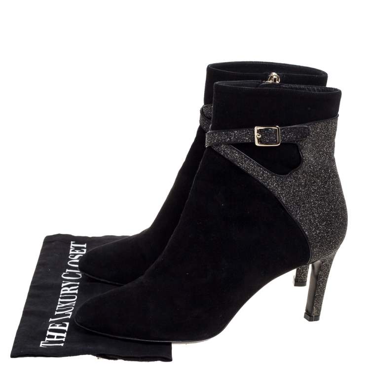 Pre Owned Dior Black Suede Leather And Glitter Buckle Details Ankle Booties Size 40