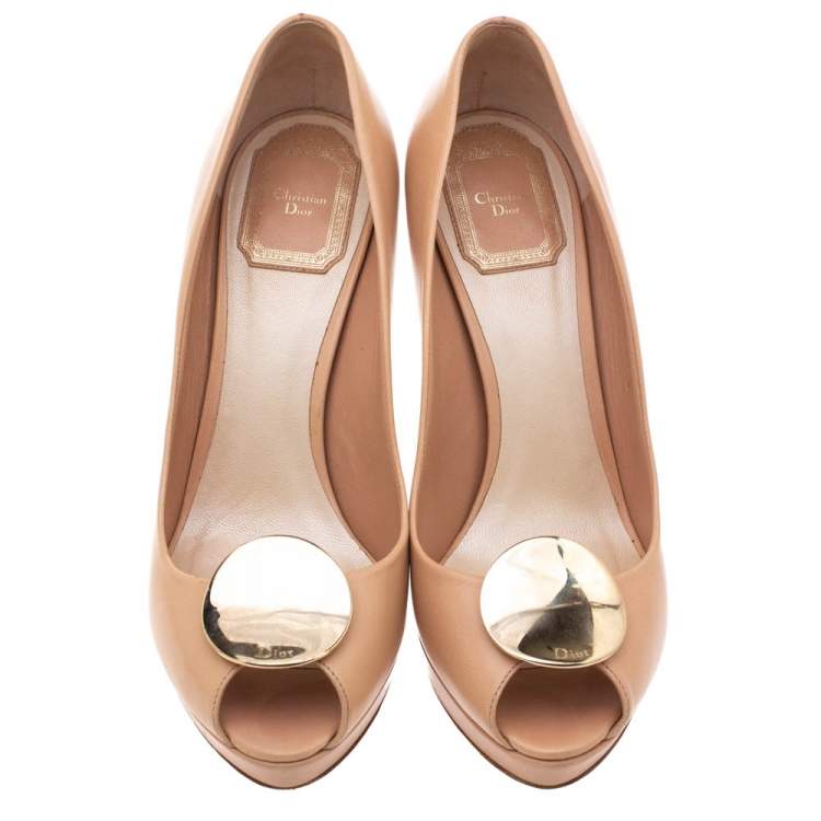 Pre Owned Dior Beige Leather Metal Peep Toe Pumps Size 37.5