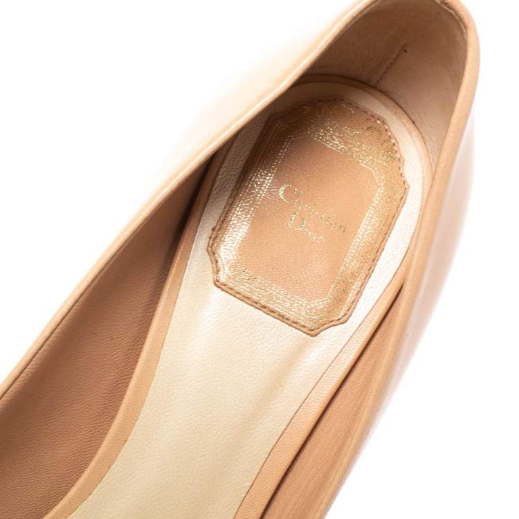 Pre Owned Dior Beige Leather Metal Peep Toe Pumps Size 37.5