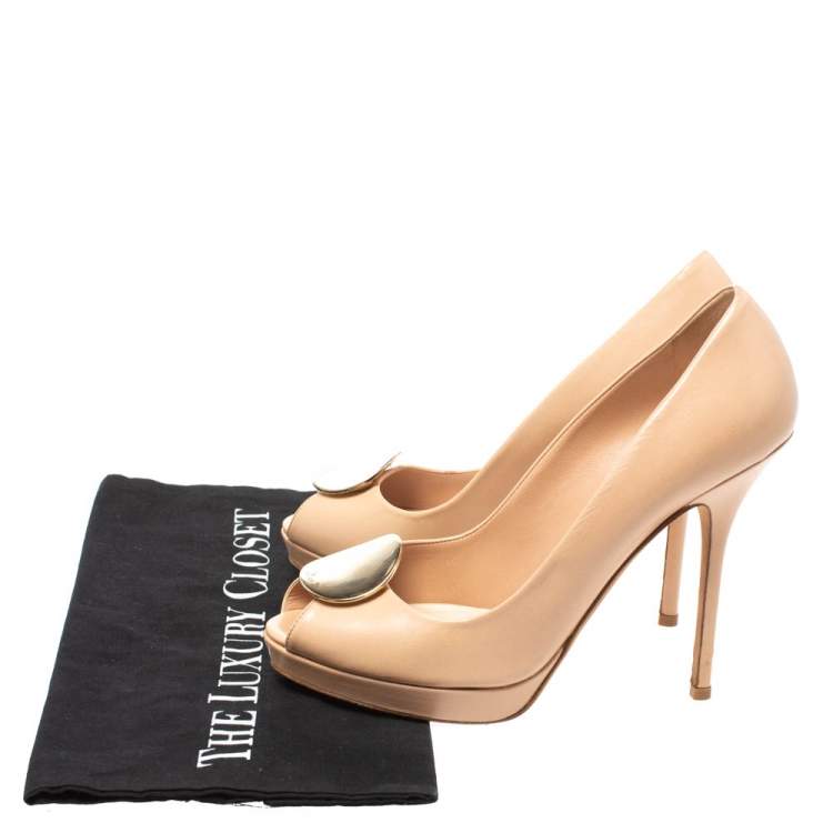 Pre Owned Dior Beige Leather Metal Peep Toe Pumps Size 37.5