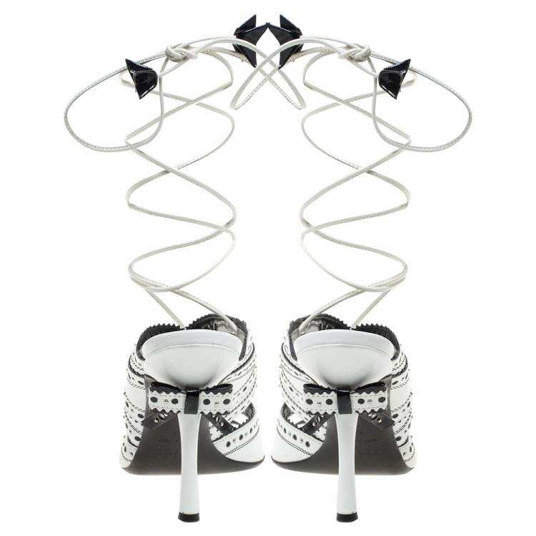 Pre Owned Dior White/Black Leather Brogue Studded Bow Embellished Ankle Wrap Sandals Size 38