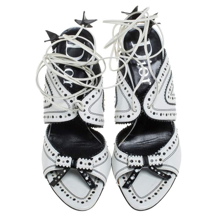 Pre Owned Dior White/Black Leather Brogue Studded Bow Embellished Ankle Wrap Sandals Size 38