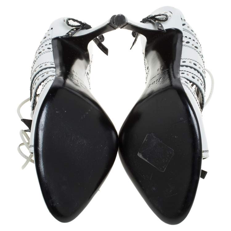 Pre Owned Dior White/Black Leather Brogue Studded Bow Embellished Ankle Wrap Sandals Size 38