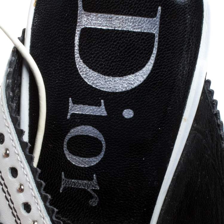Pre Owned Dior White/Black Leather Brogue Studded Bow Embellished Ankle Wrap Sandals Size 38