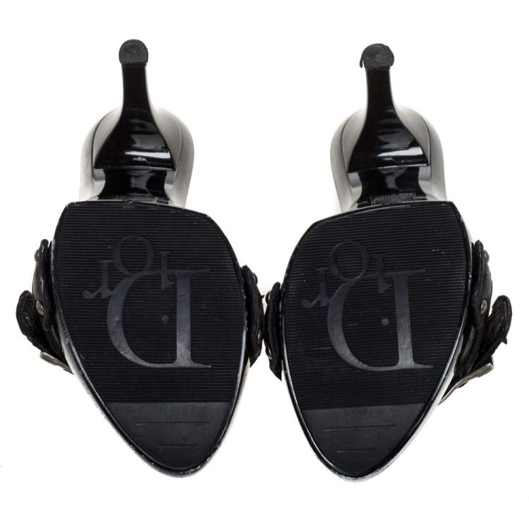 Pre Owned Dior Black Canvas And Leather Buckle Open Toe Sandals Size 37.5
