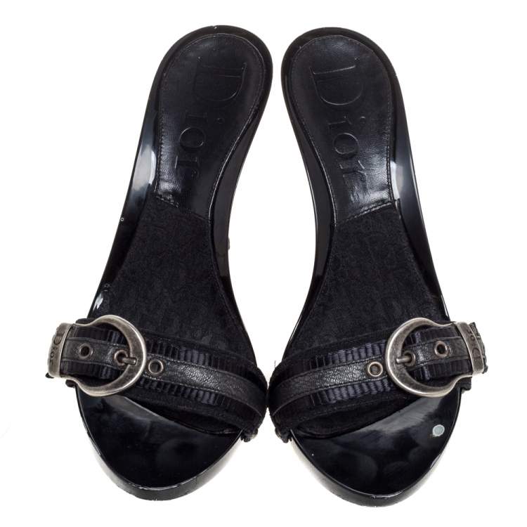Pre Owned Dior Black Canvas And Leather Buckle Open Toe Sandals Size 37.5