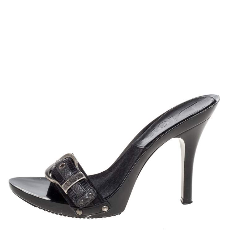 Pre Owned Dior Black Canvas And Leather Buckle Open Toe Sandals Size 37.5