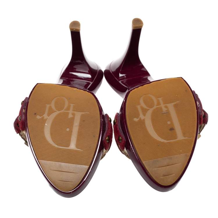 Pre Owned Dior Brown Monogram Canvas And Burgundy Suede Buckle Detail Slide Sandals Size 38