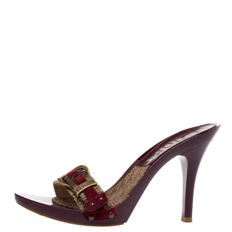 Pre Owned Dior Brown Monogram Canvas And Burgundy Suede Buckle Detail Slide Sandals Size 38