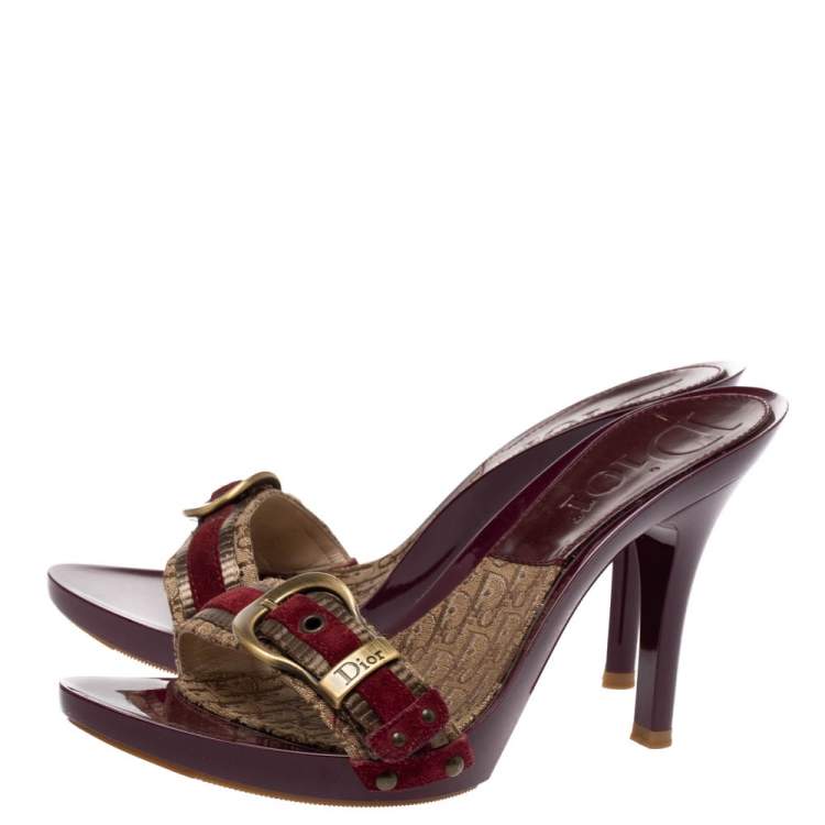 Pre Owned Dior Brown Monogram Canvas And Burgundy Suede Buckle Detail Slide Sandals Size 38
