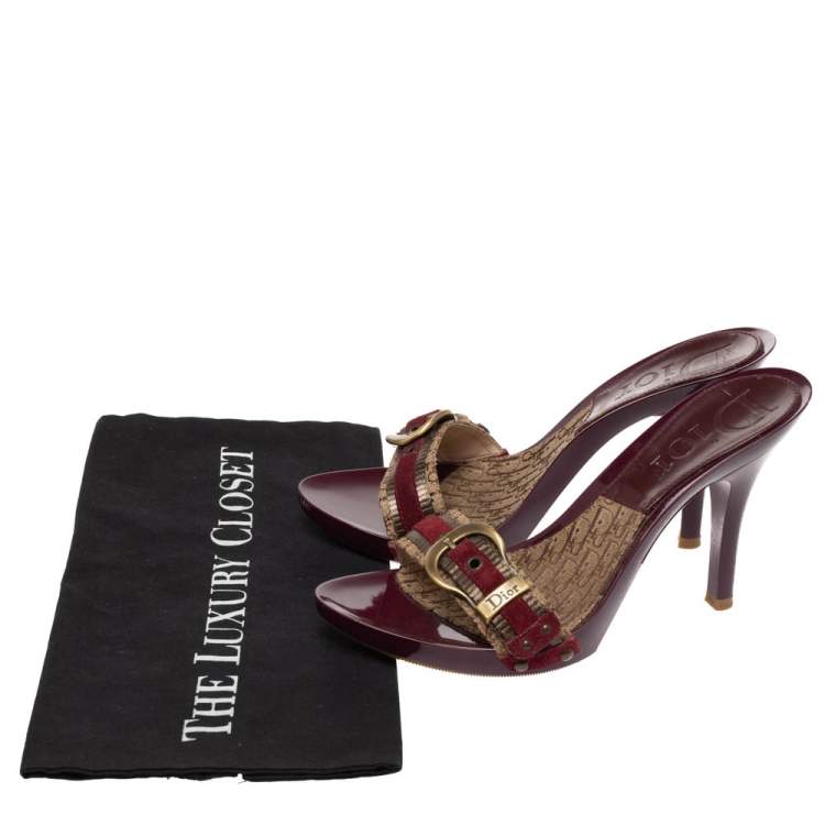 Pre Owned Dior Brown Monogram Canvas And Burgundy Suede Buckle Detail Slide Sandals Size 38