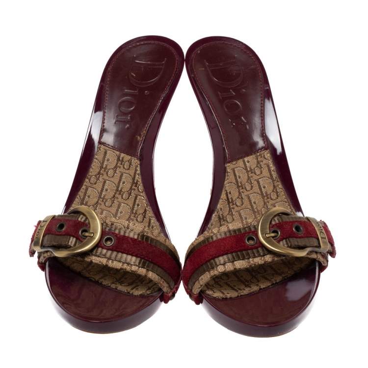 Pre Owned Dior Brown Monogram Canvas And Burgundy Suede Buckle Detail Slide Sandals Size 38
