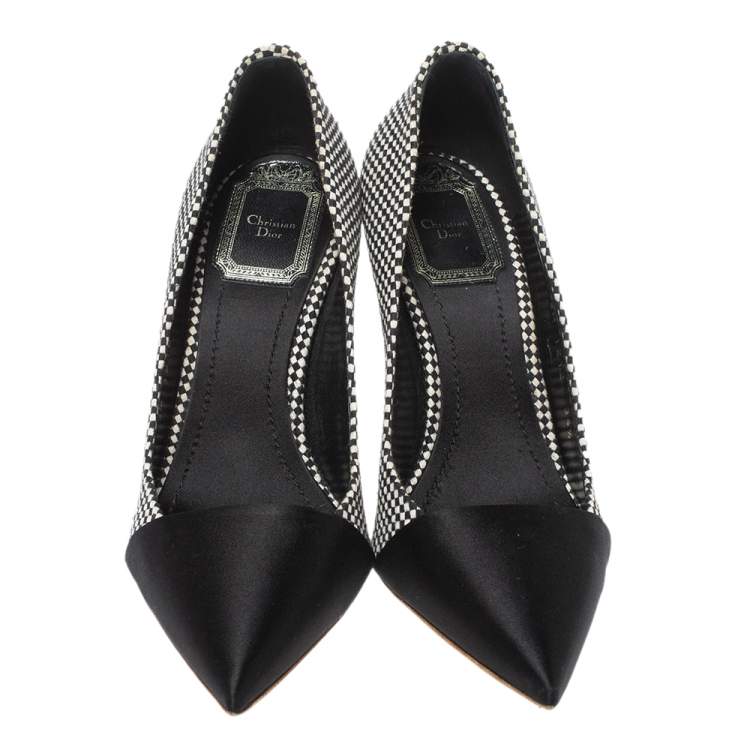 Pre Owned Dior Monochrome Canvas and Satin Dolce Vita Pointed Toe Espadrille Wedge Pumps Size 34.5