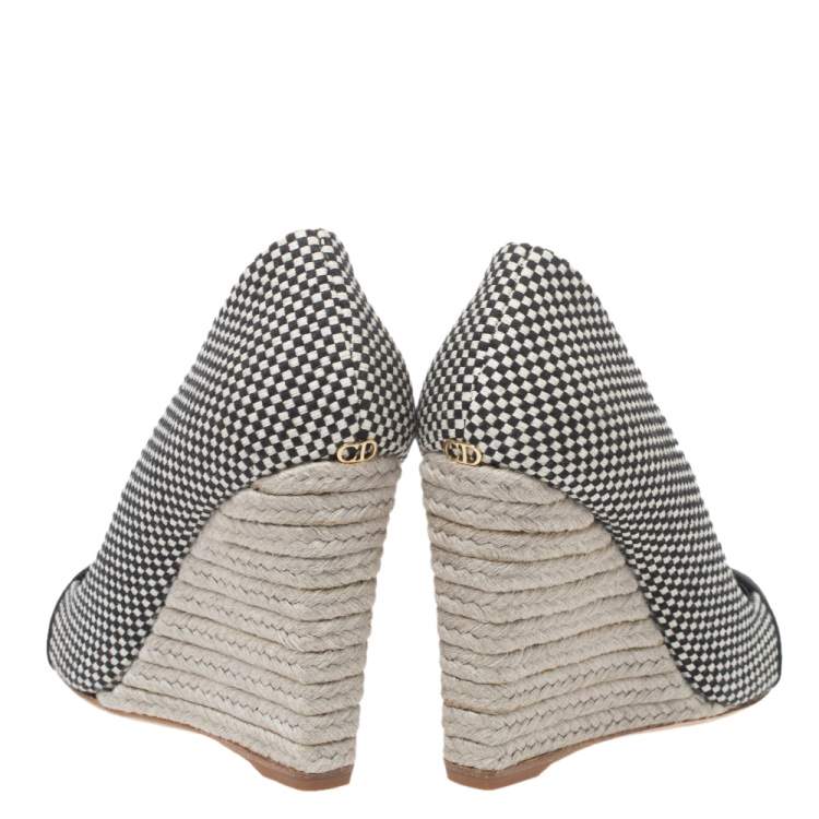Pre Owned Dior Monochrome Canvas and Satin Dolce Vita Pointed Toe Espadrille Wedge Pumps Size 34.5