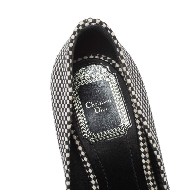 Pre Owned Dior Monochrome Canvas and Satin Dolce Vita Pointed Toe Espadrille Wedge Pumps Size 34.5