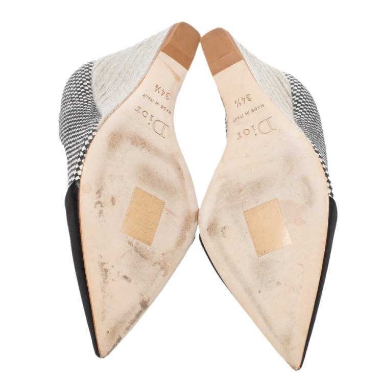 Pre Owned Dior Monochrome Canvas and Satin Dolce Vita Pointed Toe Espadrille Wedge Pumps Size 34.5