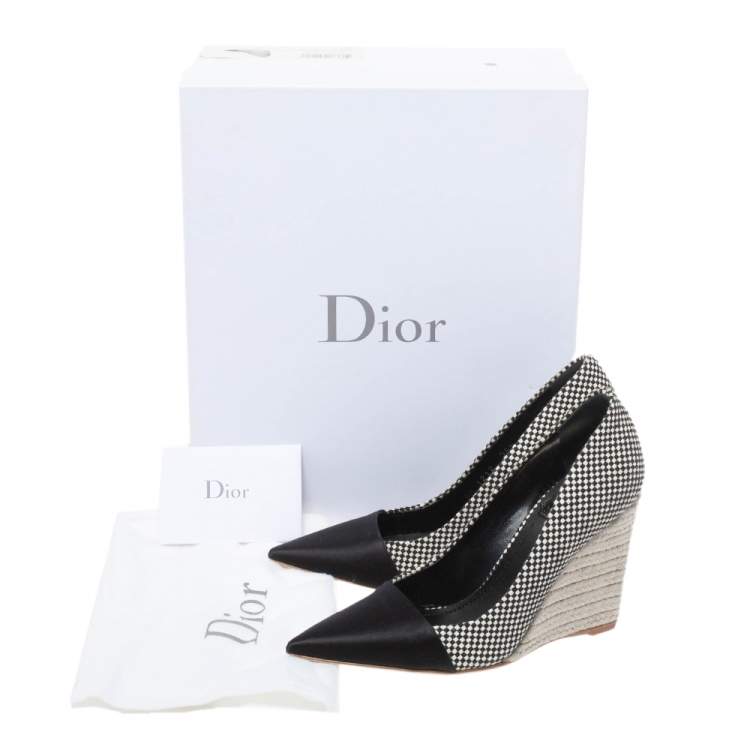 Pre Owned Dior Monochrome Canvas and Satin Dolce Vita Pointed Toe Espadrille Wedge Pumps Size 34.5