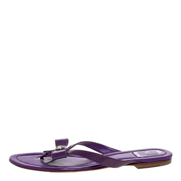 Pre Owned Dior Purple Patent Leather and Leather Bow Thong Flats Size 41