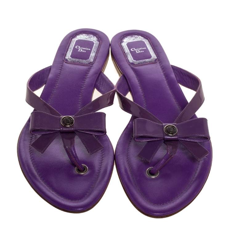 Pre Owned Dior Purple Patent Leather and Leather Bow Thong Flats Size 41
