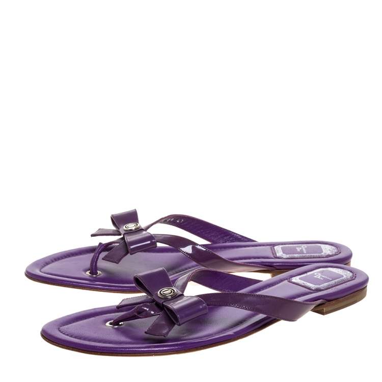 Pre Owned Dior Purple Patent Leather and Leather Bow Thong Flats Size 41