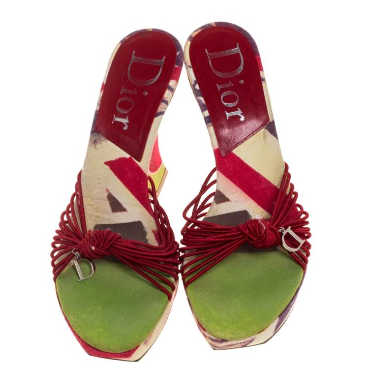 Pre Owned Dior Multicolor Floral Print Fabric Wedge Platform Slide Sandals Size 38